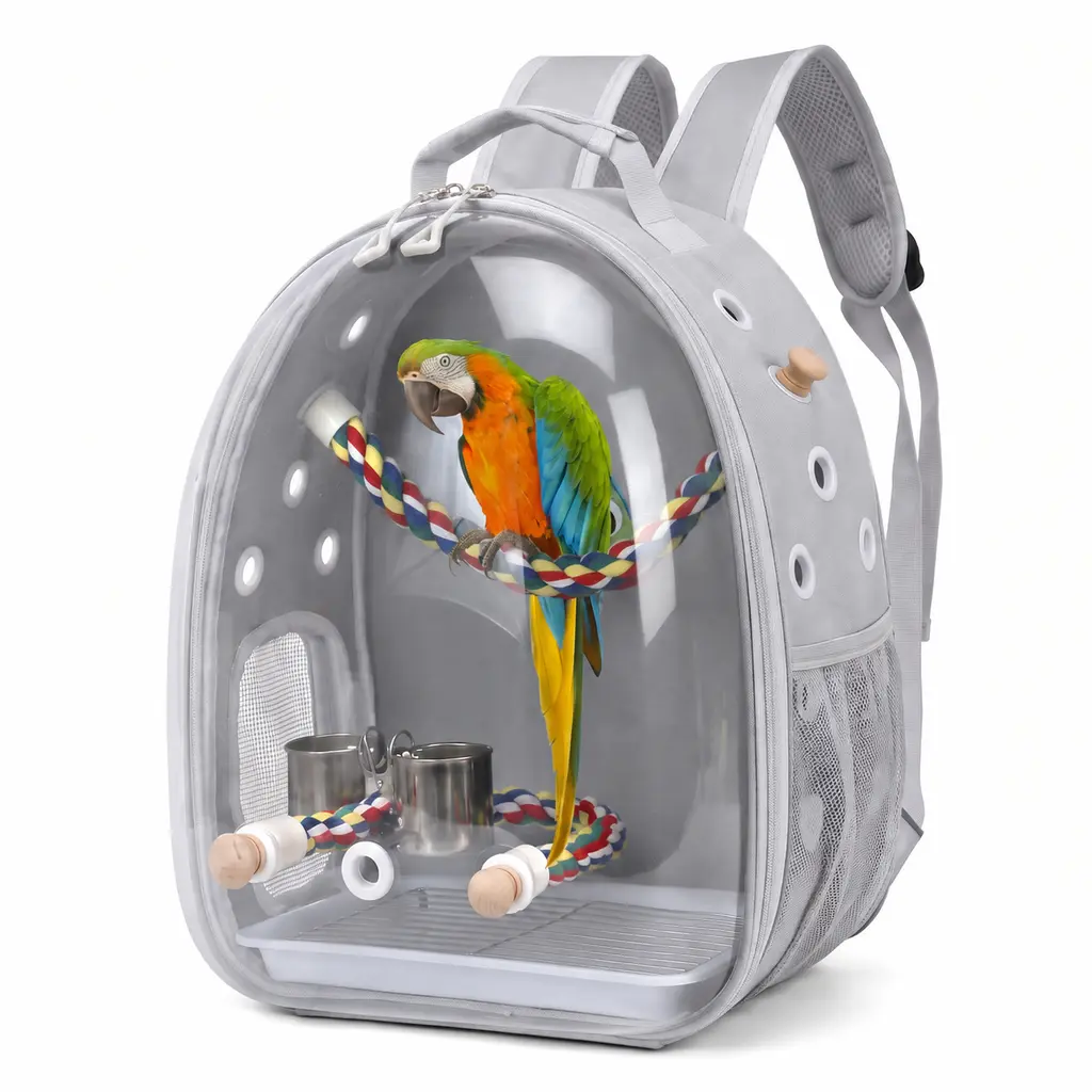 Comiya Bird Carrier Backpack - Transparent Front, Mesh Side Pockets, Adjustable Straps, Ideal for Parrots & Small Birds