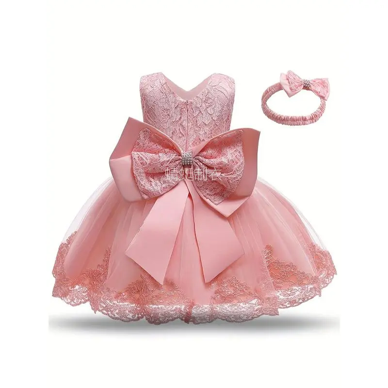 Baby Girls' Cotton Princess Dress, All Seasons Sleeveless Crew Neck Bubble Style with Bow Knot for Birthday & Baptism, Straight, Cute, Plain