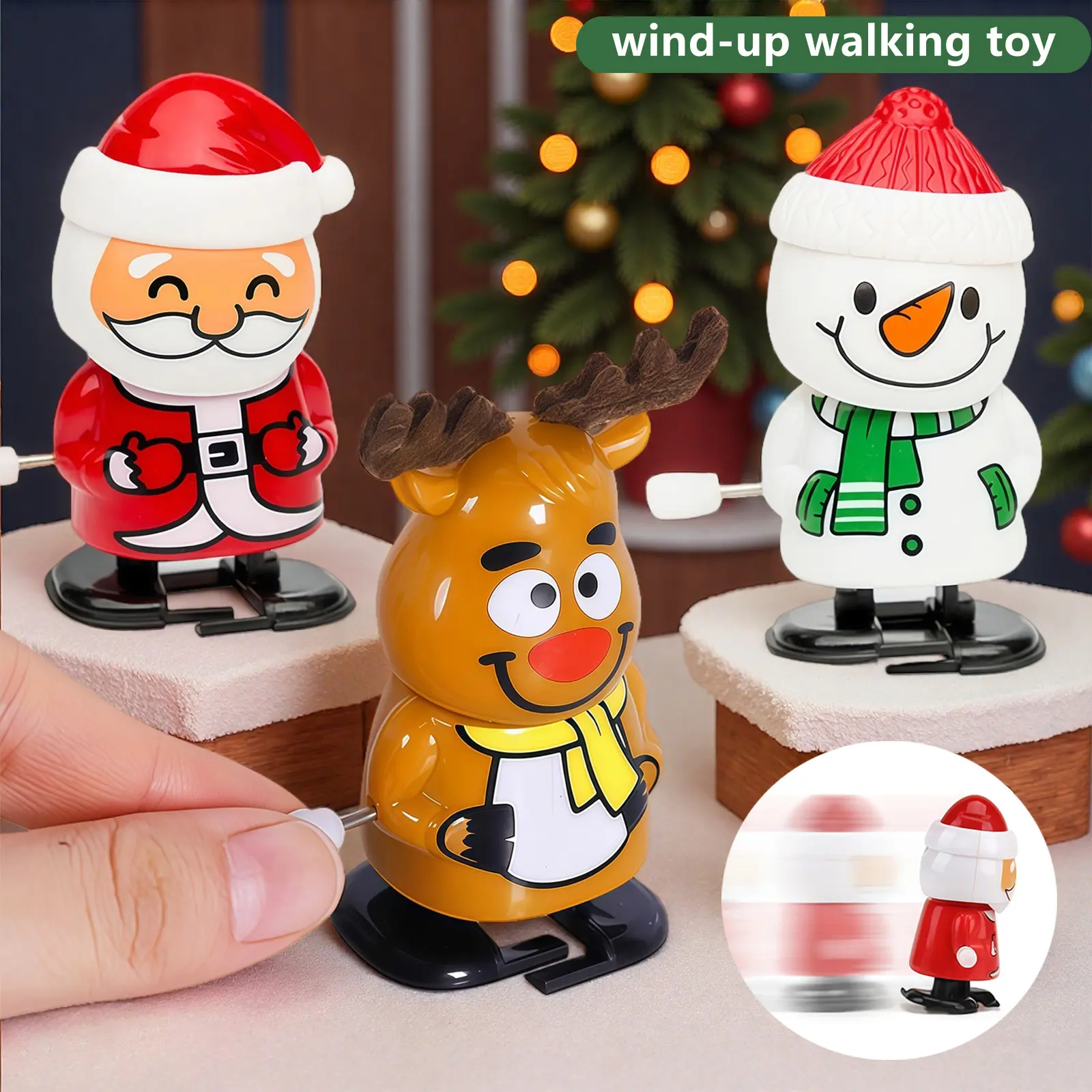 3 Pcs Plastic Christmas Clockwork Dolls - Cute Cartoon Santa Claus, Reindeer, Snowman Walking Spring Toys, Small Holiday Party & Gathering Prizes, 3 Pcs Christmas Clockwork Doll