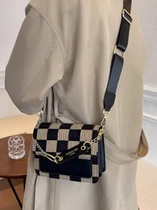 Checkered Pattern Flap Crossbody Bag