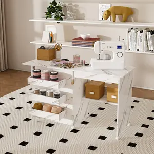 4-in-1 Folding Sewing Table with Lockable Wheels – Multi-Functional Craft Station, Rolling Computer Desk & Kitchen Storage with Shelves, White Sewing Machine Table for Small Apartments – TK Space Saver