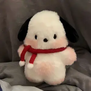 Cute Red‑Scarf White Puppy Plush Toy, Fluffy Black‑Ear Floppy‑Ear Dog Stuffed Doll, Kawaii Winter‑Style Animal Plush