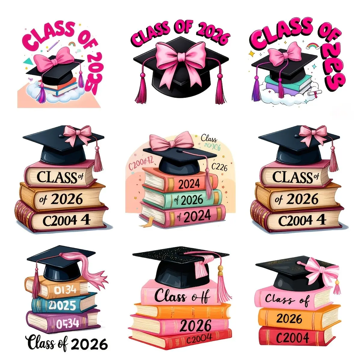 9pcs Graduation Season Book and Cap Bow Pattern Heat Transfer Stickers, DIY Craft Embellishments, Durable Washable Plastic Stickers for T-Shirts, Hoodies, Jeans, Backpacks, Handbags