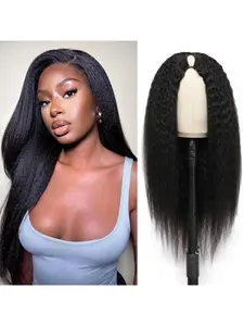 Kinky Straight V Part Wig Premium Human Hair Glueless Beginner Wig No Leave Out No Sew Upgrade U Part Wigs Yaki Straihgt Wigs For Women Full Head Clip In Half Wigs 180% Density Kinky Curly Wig