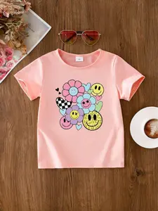 Toddler Girl's Floral & Smile Face Print Round Neck Tee, Casual Short Sleeve T-shirt for Summer, Kids Clothes for Daily Wear, Graphic Print Top, Daily Wear Tops, Baby Girl Clothes