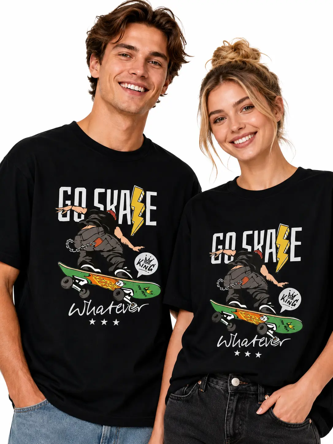 Skateboard Graphic Tee for Men & Women, Trendy Printed T-Shirts, Cute Tops, Women's Printed Tees, Vintage-Style Prints, Loose Fit Black Shirt, Y2K Streetwear Top, Casual Skate Punk Oversized Tee