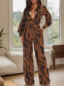 Women's All Over Print Button Front Pocket Jumpsuit, Casual Long Sleeve Belted Wide Leg Jumpsuit for Spring & Fall, Women's Clothes for Daily Wear