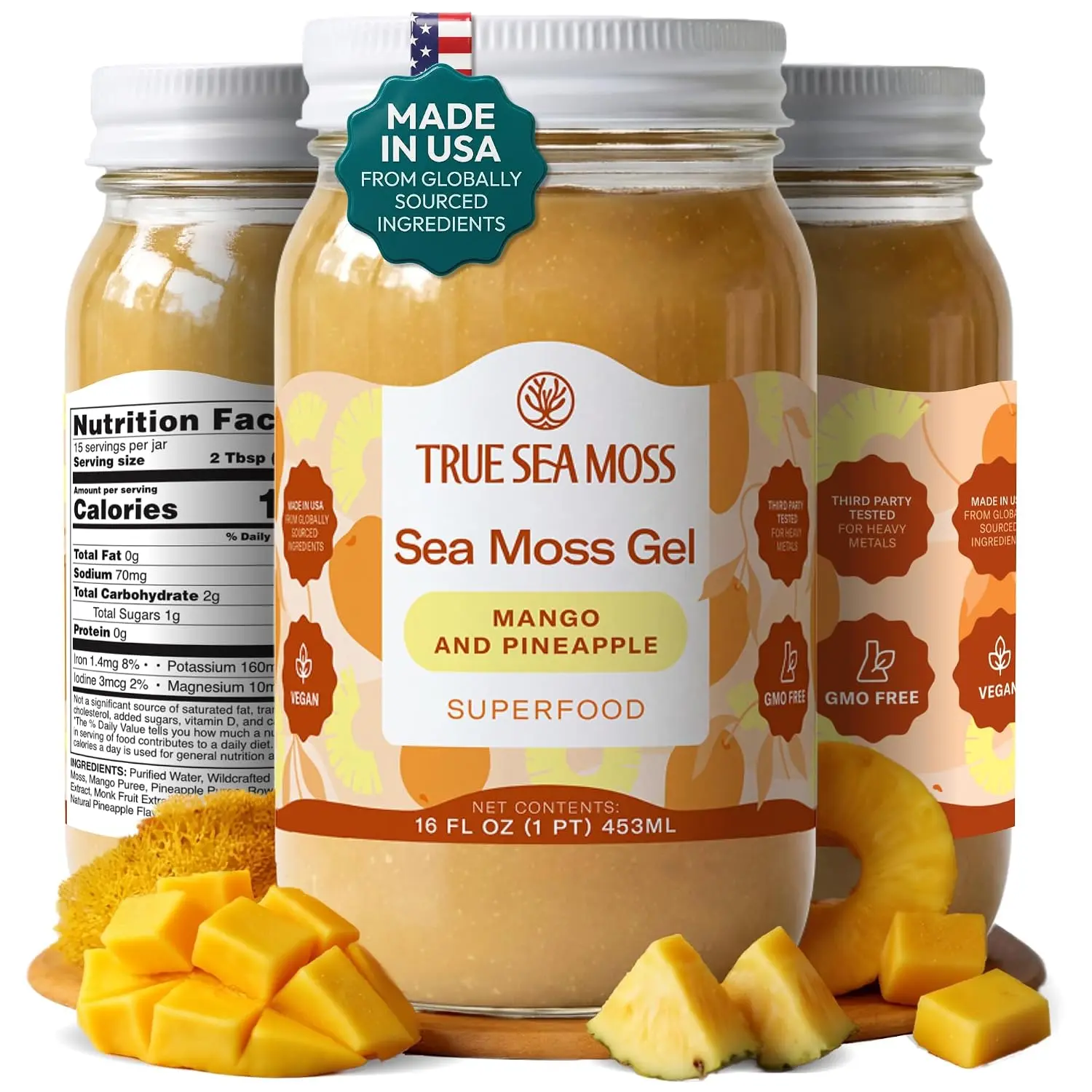TrueSeaMoss Sea Moss Gel – Wildcrafted Seamoss, Fruits & Jarred Vegetables – Mango/Pineapple, Pack of 1 (Labels may Vary)