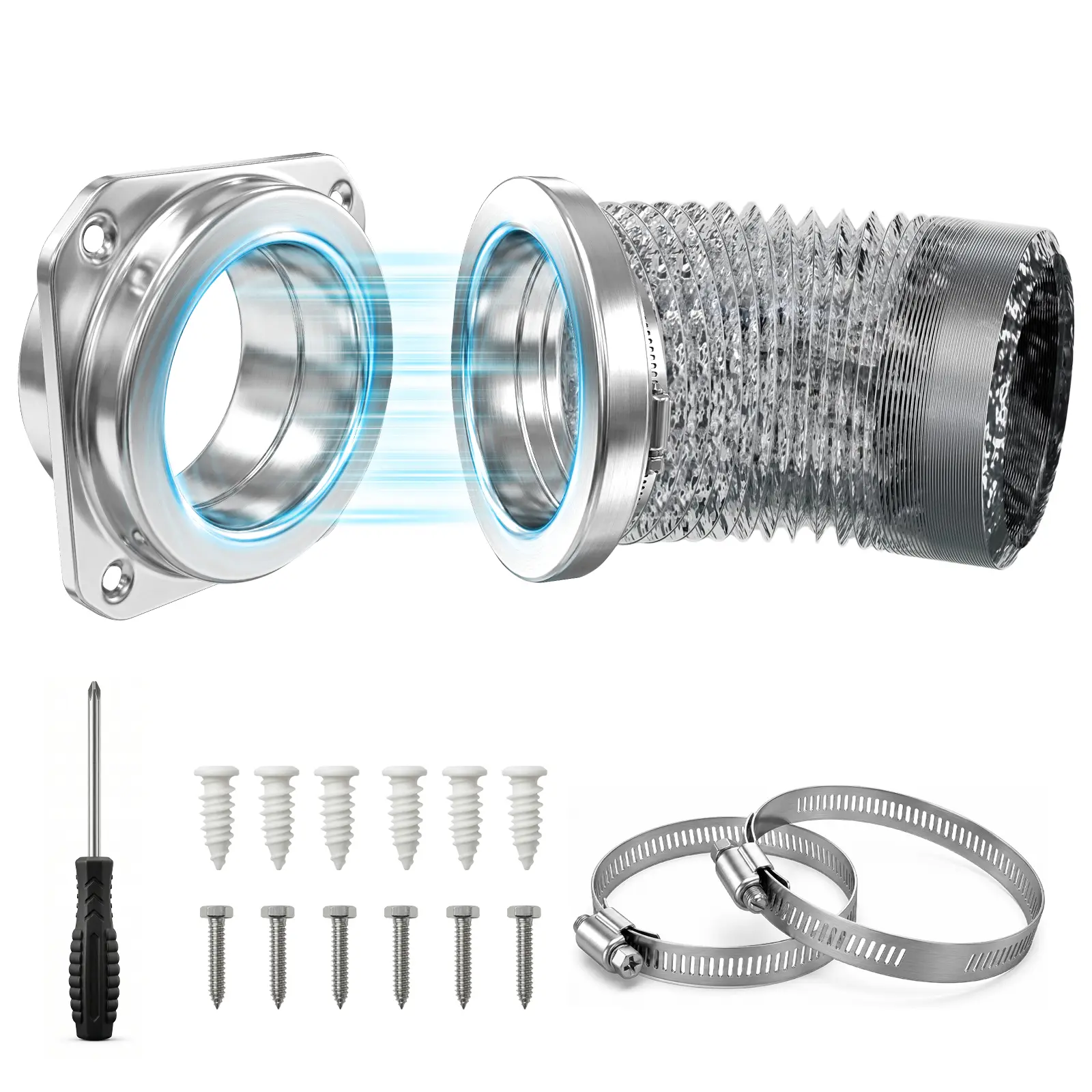 Magnetic Dryer Vent Connector Kit, Quick Connection and Disconnection Strong Magnet Self-Alignment Airtight Seal Easy to Clean Includes 3.3 ft 4" Duct, 2 Clamps and 1 Screwdriver