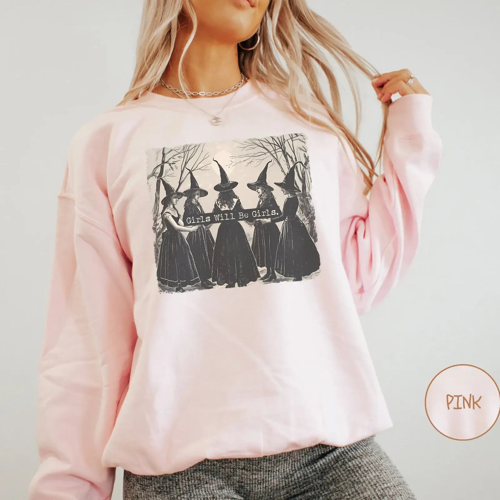 Vintage "Girls Will Be Girls Witch" Sweatshirt, Funny "Witchy Vibes" Sweatshirt, Vintage Halloween Shirt