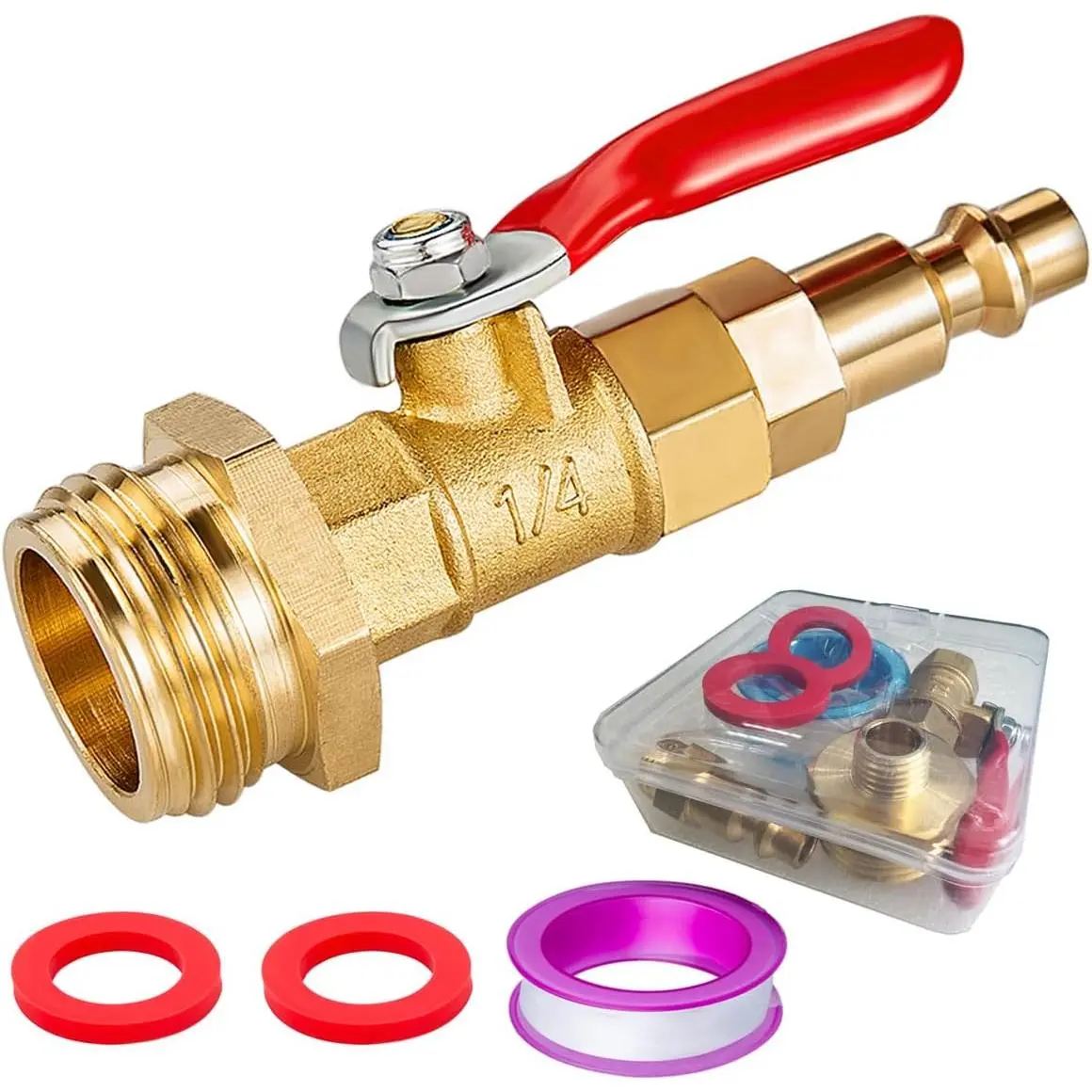 Heavy Duty RV Winterize Blowout Adapter Kit - 1/4" Male Quick Plug, 3/4" Male GHT Thread, Brass Quick Fitting with Ball Valve, Pipe Parts for RV, Boat Water Blowing