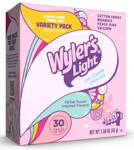 Wyler’s Light Singles To Go Water Drink Mix, 30 Sticks, V1 Fun Flavors Pack (Cotton Candy, Mermaid, Peach Ring, Unicorn), Sugar Free, Low Calorie