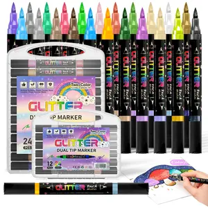 12PCS Dual-Tip Glitter Marker Pens, 24 Shimmer Colors, Fine & Flexible Brush Tips, Water-Based Sparkle Art Markers with Portable Case for Journaling, Rock Painting, Glass Decor, School & Craft Supplies