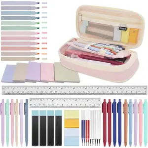Aesthetic Stationary Set (52 Pieces) with Cute Pen Case, Soft Tactile Materials, 5 Black/2 Blue/2 Red 0.5MM Gel Pens, 6 0.5MM Mechanical Pencils, 6-inch/12-inch Rulers, Sticky Notes for Office and School Use