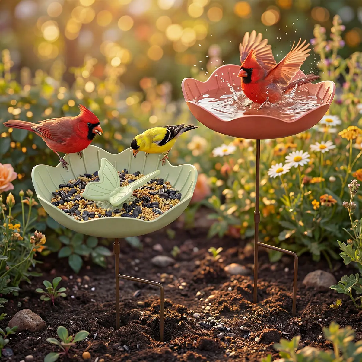 Kingsyard 2-Pack Metal Outdoor Free Standing Bird Feeder, Adjustable Pole, Large Tray - Cardinal, Finch Feeders for Outside, Ideal for Backyard Nature Watching, Cardinal Bird Feeder
