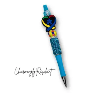 Charming Resilient Autism Awareness Pen with Colorful Puzzle Heart Design and Blue Rhinestone Handle
