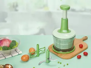 3 in 1 Hand Press Chopper – Food Grade Vegetable Chopper, Manual Onion Garlic Fruit Nut Grinder, Easy Press Operation with Pull Cord & Blender Container – BPA-Free Kitchen Gadget for Healthy Meal Prep – Enjoy Life, Take Time to Indulge