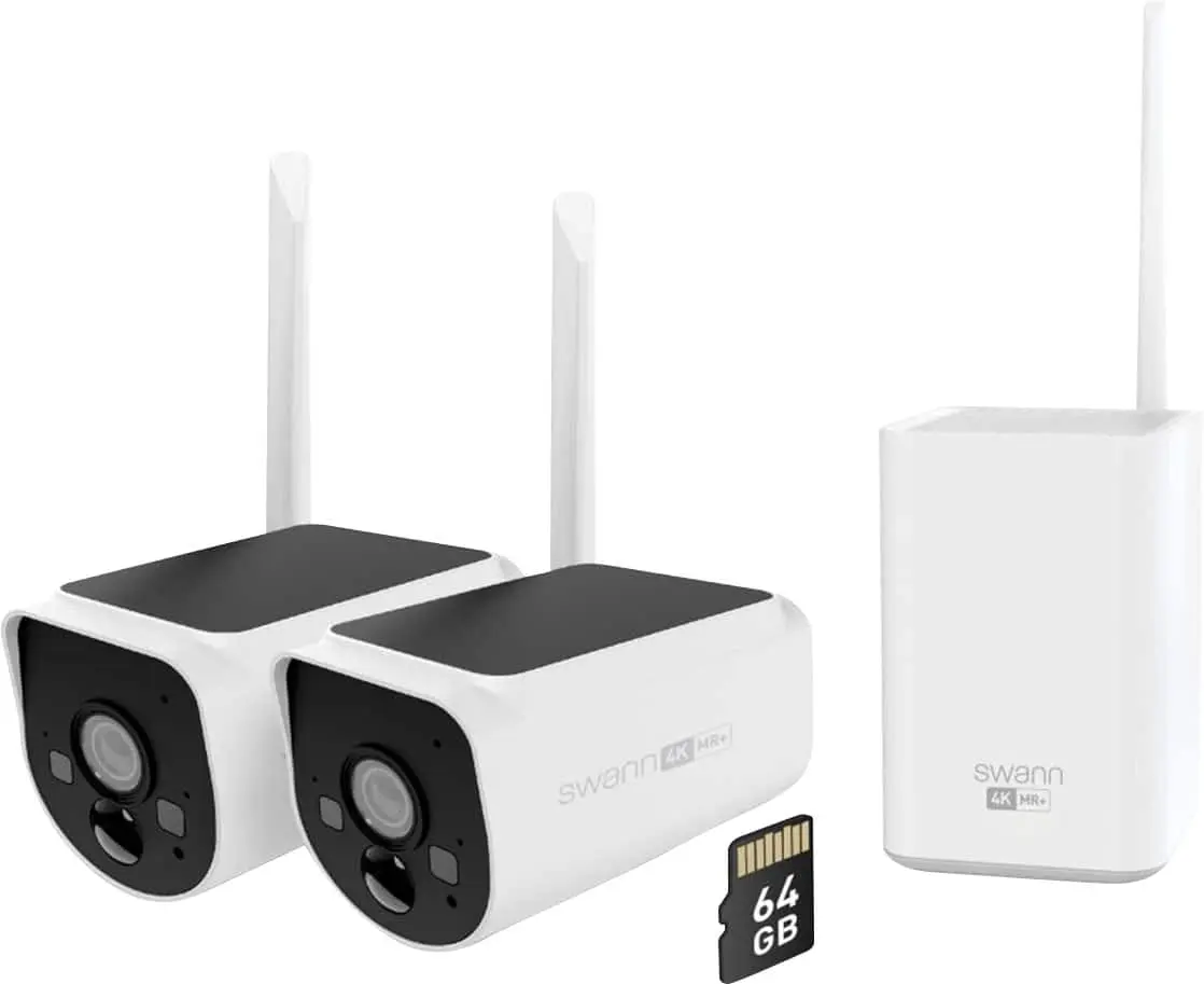 Swann - MaxRanger Version 2 4K Solar Wireless Security System W Base Station & 2 Forever Charged Solar Powered Cameras, 64GB - White