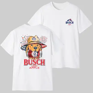 Busch Apple 4th of July Unisex T-Shirt, Funny Golden Beer & Dog Graphic Tee, Summer Casual Cotton Crewneck for Men & Women