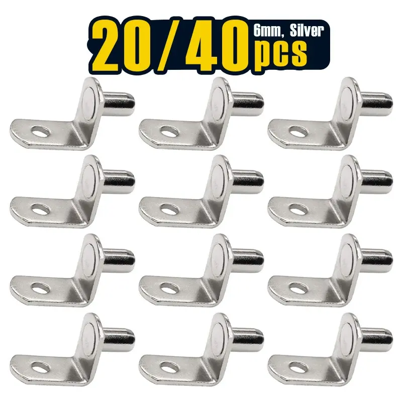 20/ 40 pcs, 6mm Shelf Pins, L-Shaped Nickel Plated Corrosion Resistant Shelf Support Pegs with Hole for Cabinet, Bookcase, Closet, Kitchen Furniture