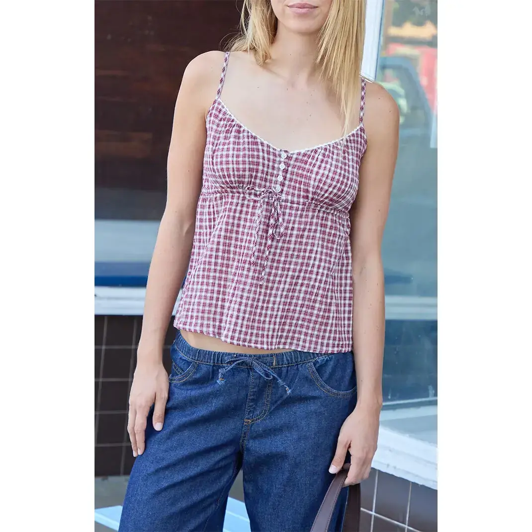 John Galt Women's Burgundy Gingham Crinkle Tiffany Tank Top