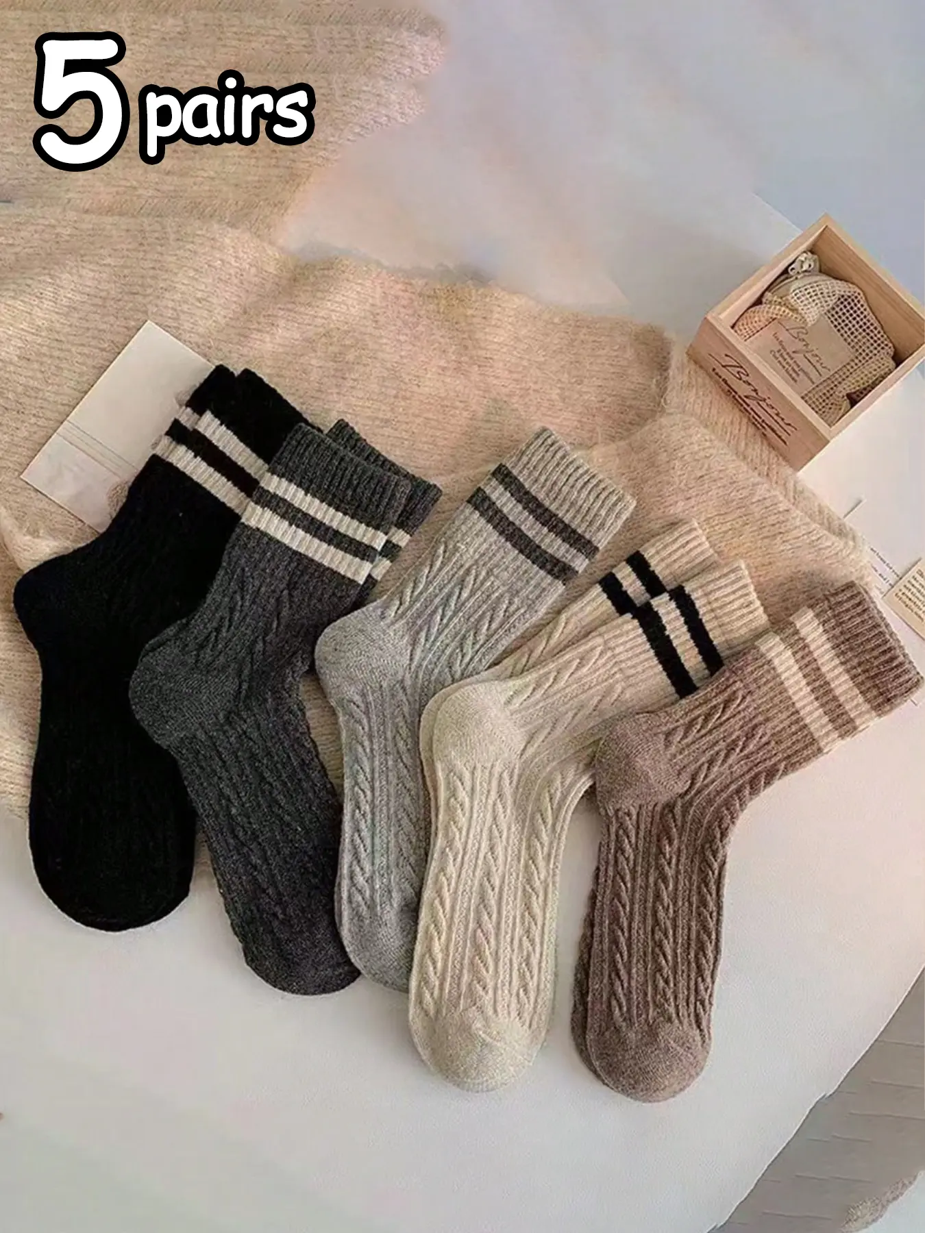 Women's Preppy Striped Casual Knit Mid-Calf Socks, Thick Warm Winter Socks, All Season Socks, Perfect for Snow Boots & Short Boots, Pack of 5 Pairs