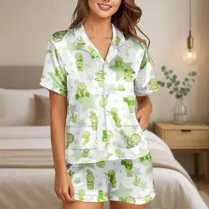 Satin Pajama Set, Green Smiski All-Over Print Sleepwear