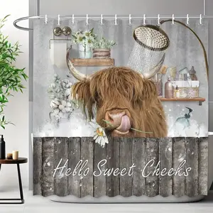 Highland Cow Shower Curtain, Bathroom Curtain, Farmhouse Fun Animal Design, Waterproof, Durable, Easy to Clean, Multiple Sizes Available
