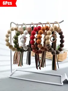 6pcs-Vintage Colorblock Beaded Wrist Keychain Set, Classic Beads with Matching Fringe, Bracelet & Keyring Combo, Perfect Gift for Women, Keychain Jewelry