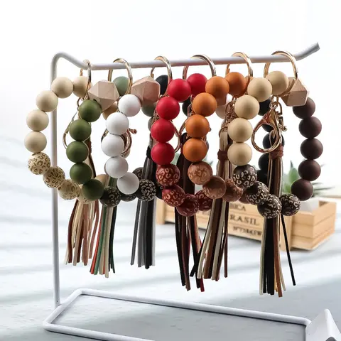 6pcs-Vintage Colorblock Beaded Wrist Keychain Set, Classic Beads with Matching Fringe, Bracelet & Keyring Combo, Perfect Gift for Women, Keychain Jewelry, Key Accessories