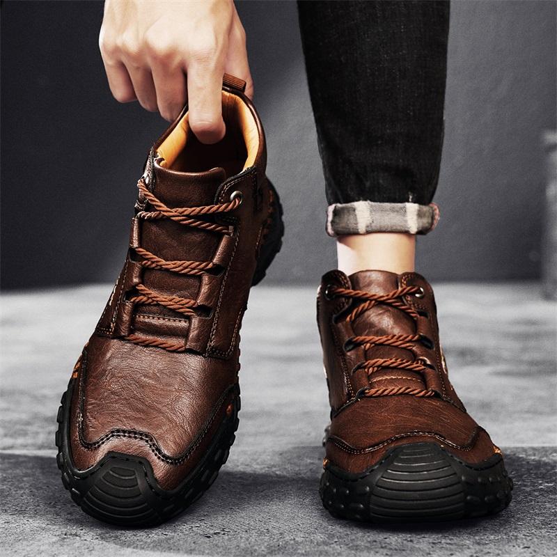 Men's Casual Sneakers, Retro Hand-Stitched High-Top Shoes, Leather Ankle Boots, Comfortable Walking Shoes with Round Toe, Flat Heel and Rubber Outsole for Outdoor Hiking, Urban Commuting, Work, Travel and Everyday Wear