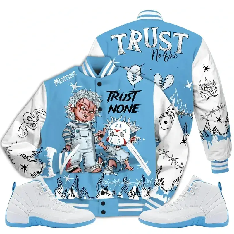 Melo 12 Varsity Jacket, Retro Basketball Inspired Graphic Coat, Trust None Graffiti Design Jacket, Vintage Baseball Varsity Outerwear, Sporty Streetwear Style, Unisex Everyday Casual Jacket