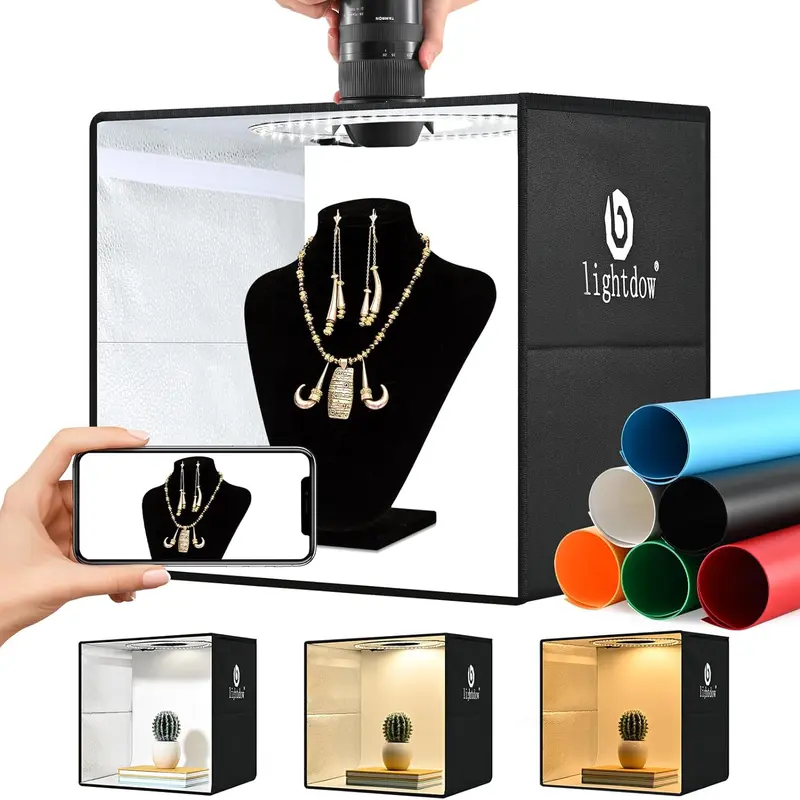 Lightdow Camera Studio Light Photographic Kit - 120pcs LEDs, 6-Color PVC Backdrops (2 Sizes), 16x16in Wide Light, 10-Level Dimming, Folding Portable Live Streaming Kit, Scrubbable Fast-Cleaning for Professional Product Photography