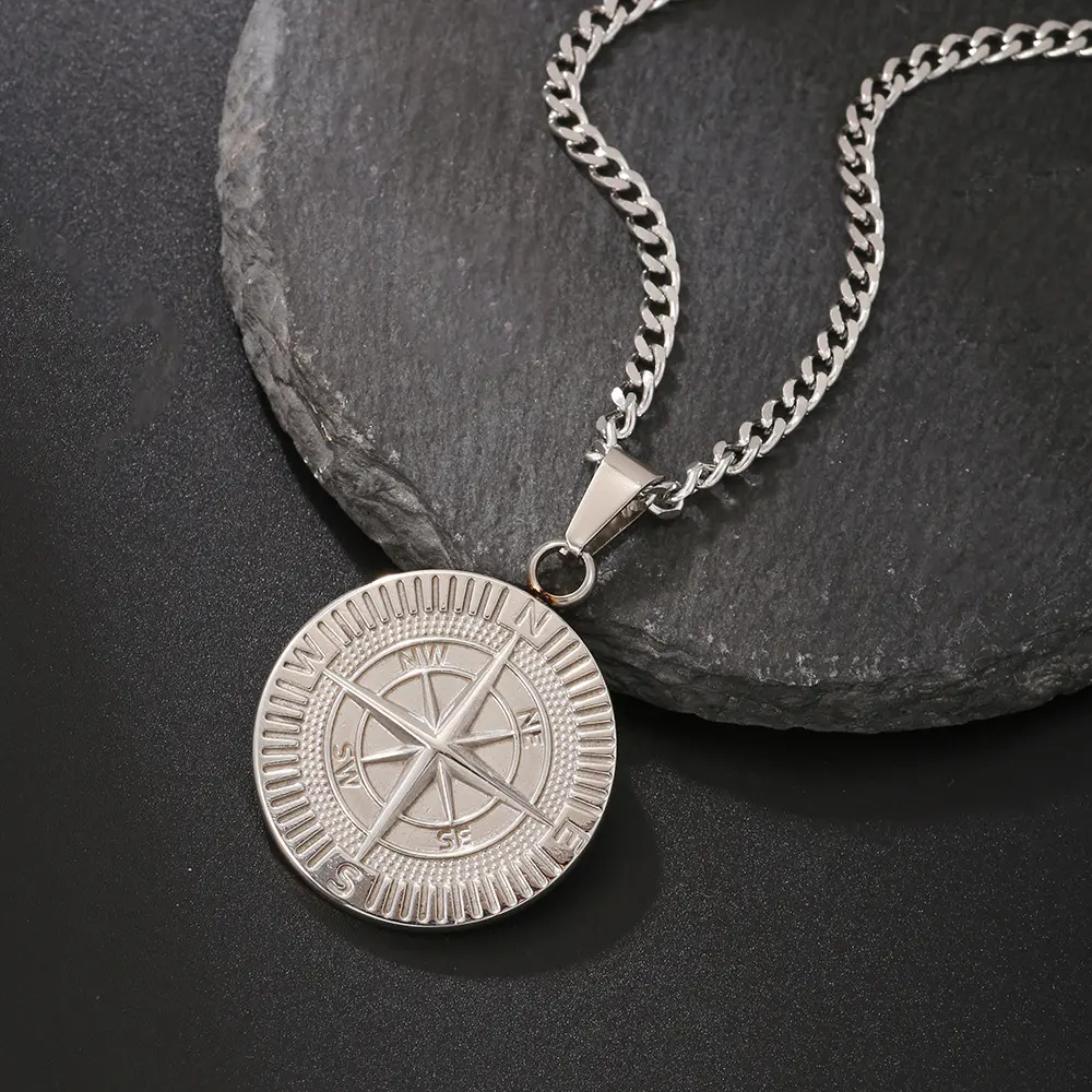 Nautical Travel Compass Pendant Titanium steel Necklace Rock Punk Round Coin Compass Pendant Hip Hop Necklace for Men Jewelry Gifts for Friends