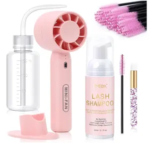 EMEDA Lash Shampoo Kit 2.02 fl oz Lash Cleaning Kit with Rechargeable Fan Dryer/Brush/Rinse Bottle, Oil-free Cleanser Wash for Extensions & Clusters & Natural Eyelashes, Cleaner for Eyelash Care