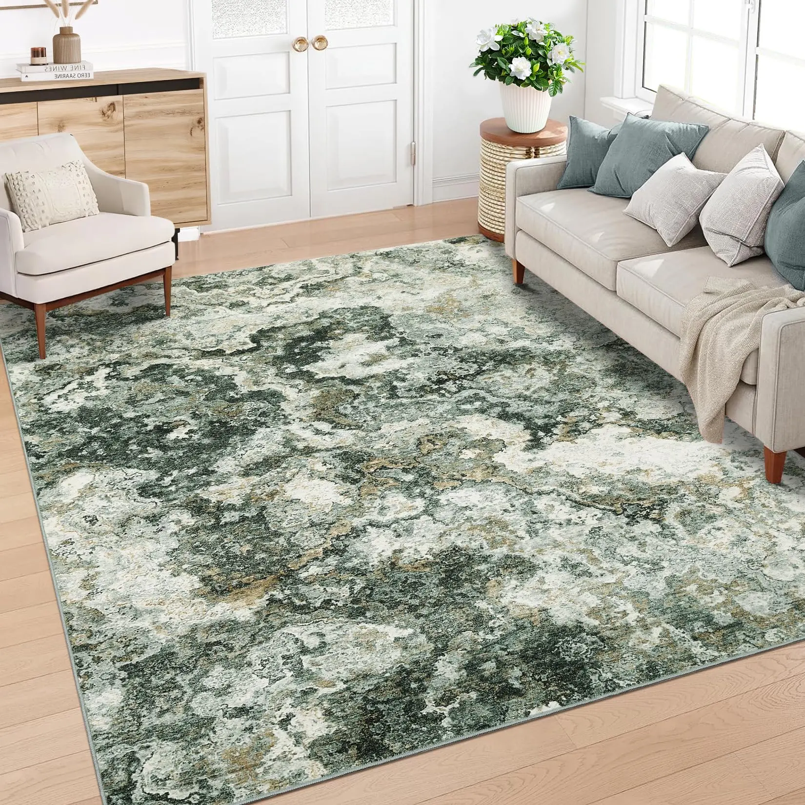 GARVEE Washable Green Area Rug 5x7 - Indoor Modern Abstract Design, Non-Slip, Low Pile, Ultra Thin, Lightweight, Foldable Carpet for Living Room, Bedroom, Home Office Floorcover