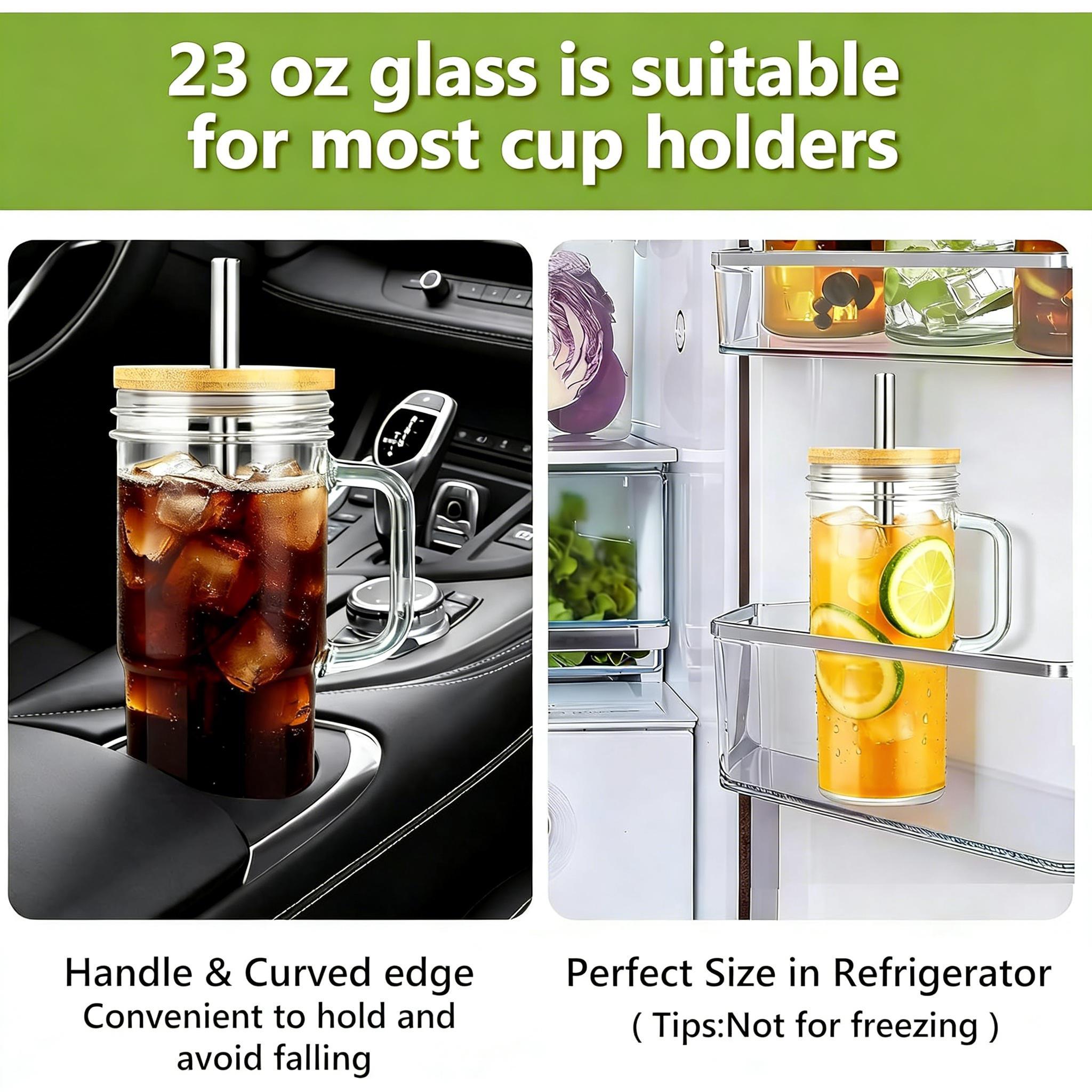Glass Cups with Bamboo Lids and Straws,24oz Glass Tumbler with Handles,4-Pack Mason Jar with Lids and Straw Wide Mouth, Reusable Smoothies Cups, Iced Coffee Cups, Drinking Jars Travel Mugs