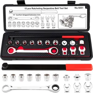 15 count Serpentine Belt Tool Set, Professional Ratcheting Serpentine Belt Tensioner Tool for Removing and Installing Automotive Serpentine Belts