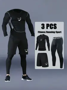 3-Piece Compression Breathable Mesh Long Sleeve Top, Quick-Dry Tight Pants & Pocket Shorts, Fashion Print Elastic Round Neck