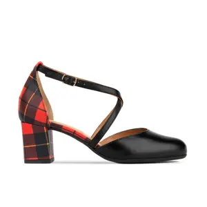 Dannii Black & Red Tartan Chunky Heel Slip On Strappy Shoes for Summer Office Wear Classic Plaid Design Comfortable 2" Heel