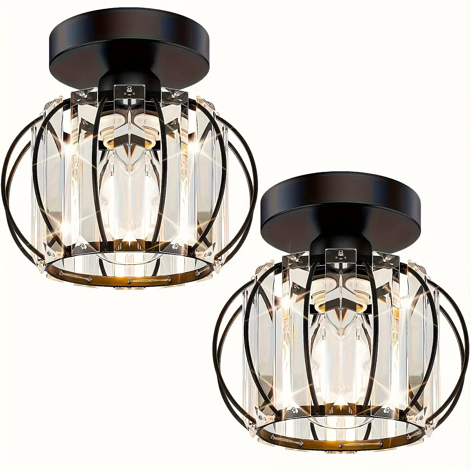 2-Pack Semi-Flush Mount Ceiling Lights, Small Crystal Ceiling Light, Farmhouse Metal Cage Ceiling Light, Indoor Industrial Lighting, Home Decoration Lamp, Interior Lights, Indoor Room Lights, Lighting Fixture