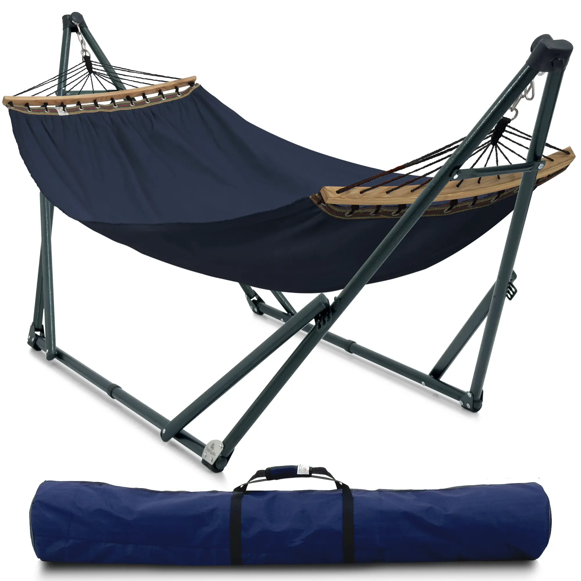 Tranquillo Universal Canvas Outdoor Swing Chair - Navy Blue Breathable Easy-to-Wash Fabric, Solid Wood Spreader Bars, Adjustable Stand, Heavy-Duty Outdoor Furniture for 2-Person Patio Relaxation, 30s Fold/Unfold Design