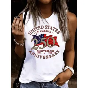 Women's American Flag Sleeveless Vest Top-US 250th Anniversary Round Neck Blouse Style Suitable For Spring Summer Casual Wear, Loose Breathable Sleeveless Vest With American Flag Print
