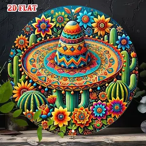Round Iron Sign, Cactus Wall Decor, Colorful Floral Rustic Metal Art, Vibrant Design, Home Garage Restaurant Cafe Wall Decoration, 8x8 Round Iron Sign