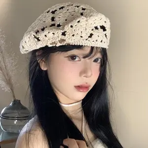 Handcrafted Summer Crochet Cotton Hollow Plum Blossom Pattern Breathable Soft Knitted Beret