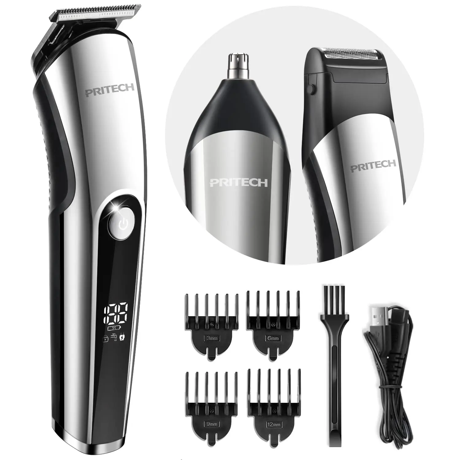 PRITECH Beard Trimmer for Men, 3 in 1 All in One Grooming Kit – Nose Trimmer & Foil Shaver, IPX6 Waterproof, 150 Mins Long Battery Life, 7500 RPM High Speed, Cordless Rechargeable Men’s Hair Clipper