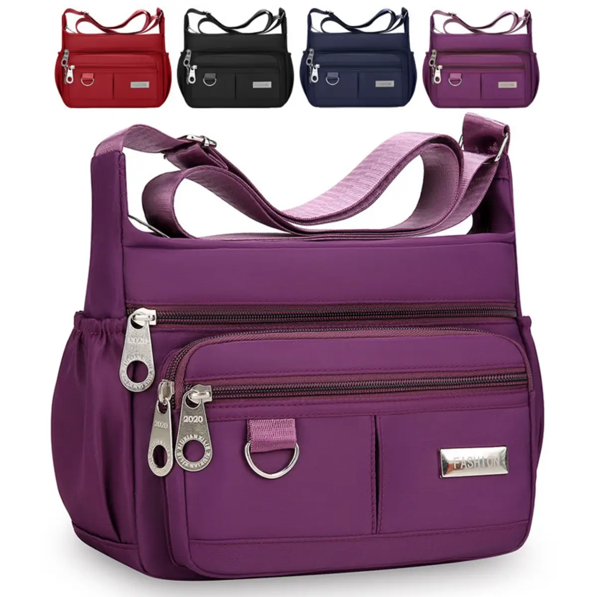 Solid Color Multi Pocket Nylon Shoulder Bag，Waterproof Everyday Bag For Travel with Zipper