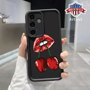 Soft Case Compatible with GalaxyS24 Ultra S25 Plus S23 S22+ Cherry Lip Charm Pattern TPU Bumper Camera Lens Protection Rugged Durable Phone Cover for Girl