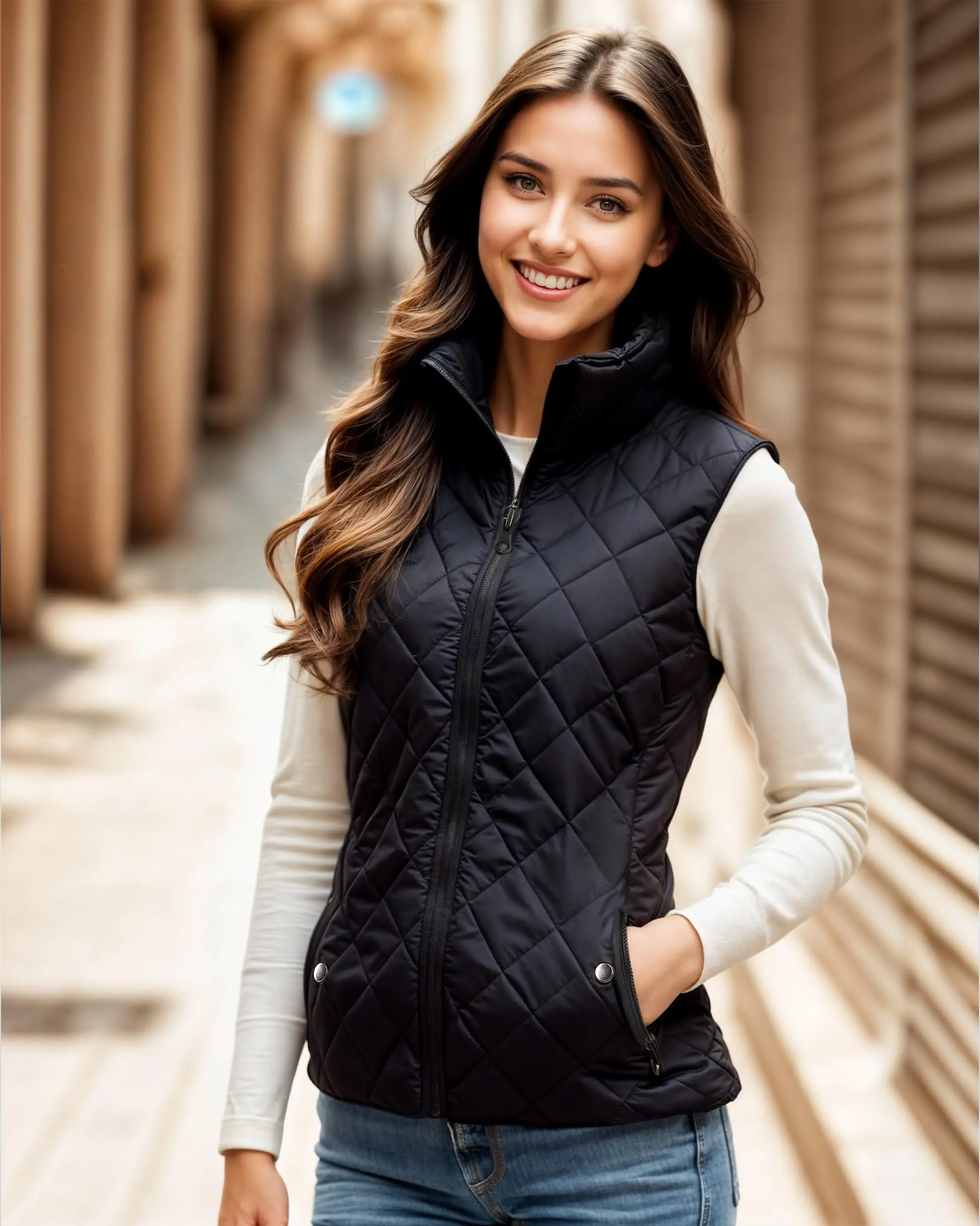 Women's Black Fitted Puffer Vest - Lady's Basic Slim Fit, Lightweight Quilted Zipper Design Women's Black Fitted Puffer Vest - Lady's Basic Slim Fit, Lightweight Quilted Zipper Design