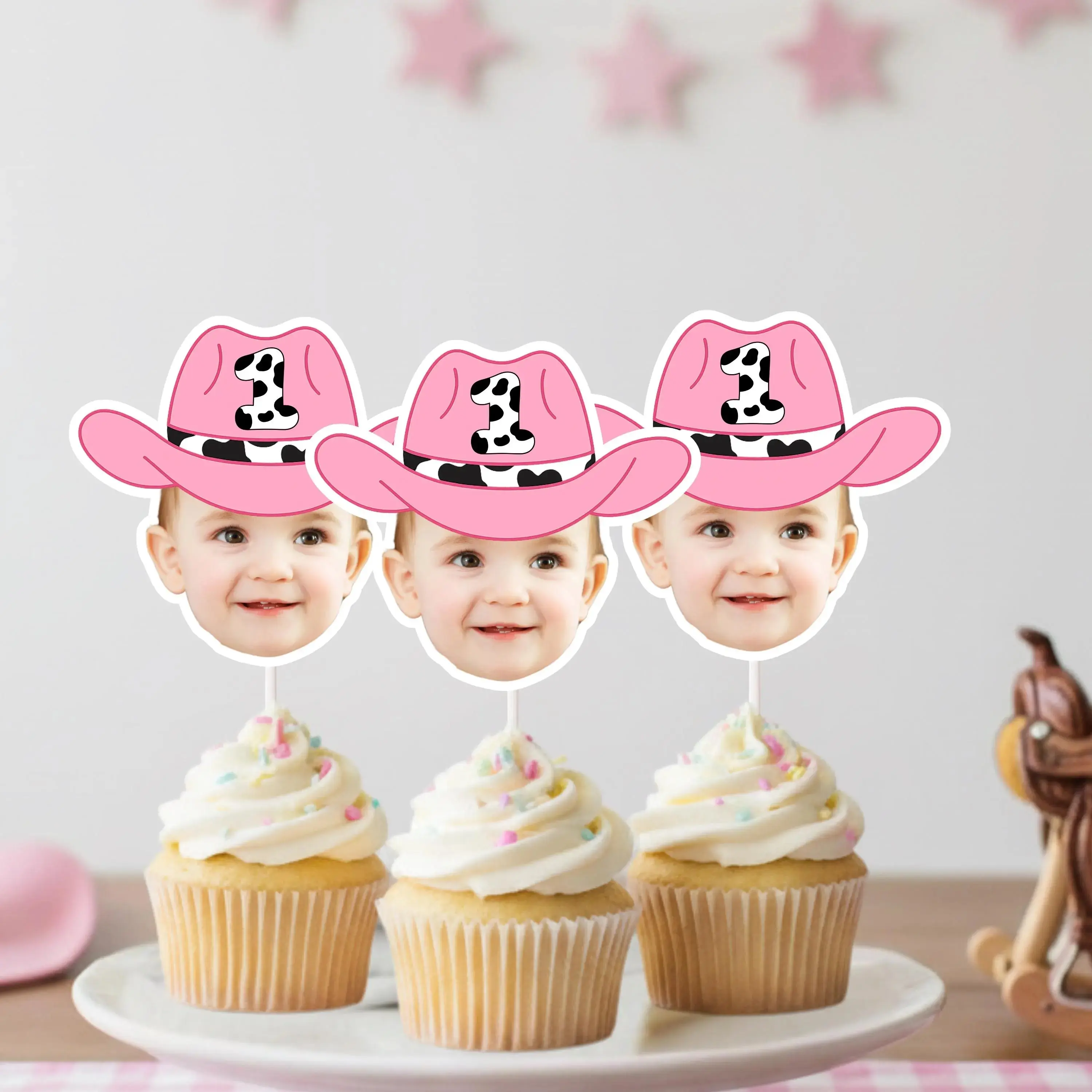 Pink Cowgirl Hat Face Cupcake Toppers – Personalized Rodeo Birthday Decor